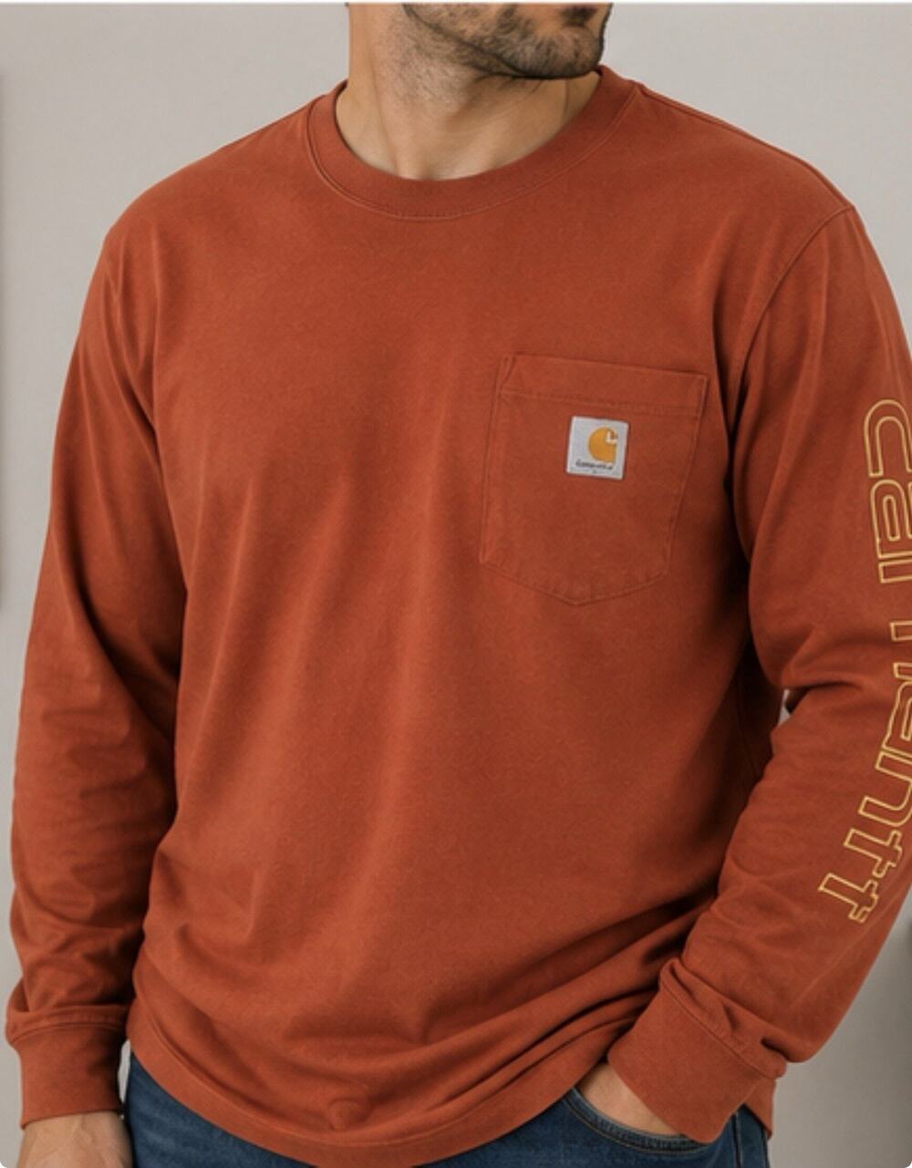 Carhartt Mens Large Loose Fit Long Sleeve Shirt Orange Sleeve Logo Graphic